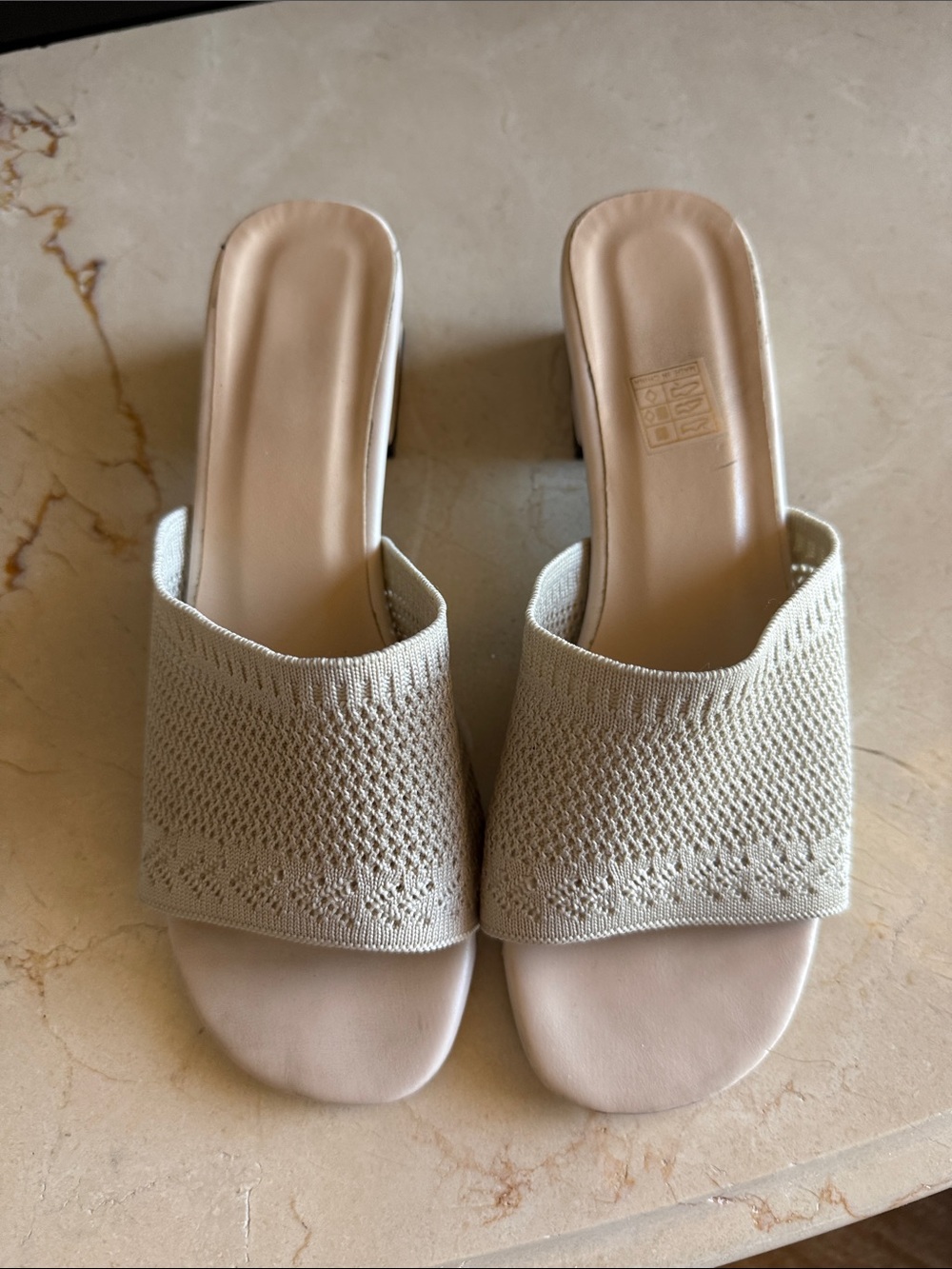 Beige Knit Slide Heeled Sandals - Women